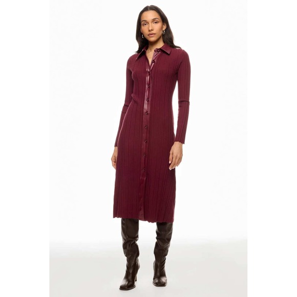 TOCIN x QTD Dresses & Skirts - TOCIN x QTD Ribbed Button Front Midi Dress Burgundy Faux Leather Collar Size XXL